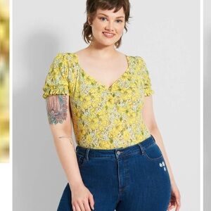 ModCloth Floral Bodysuit Yellow White Puff Sleeve Sweetheart Neckline, Plus 4X